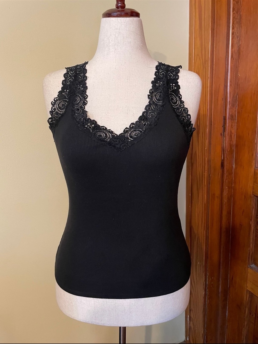 august silk Black Ribbed Tank with Lace V-Neck